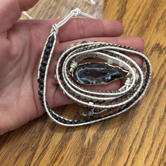 Boho Beaded Wrap Bracelet Faux leather and Agate Slice NEW - Picture 1 of 4